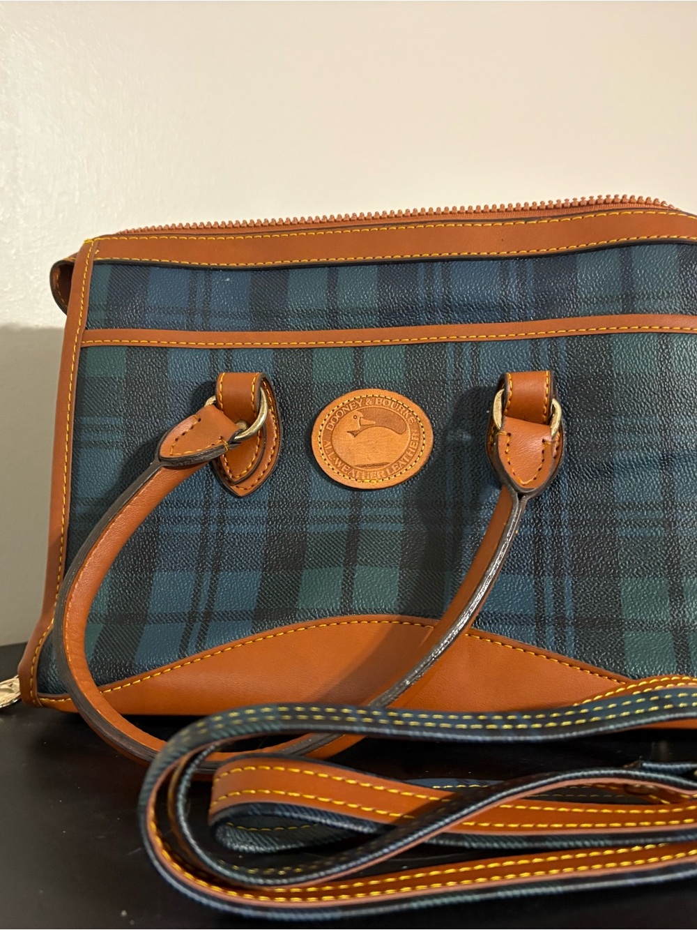 Dooney & Bourke Green and Blue Tartan Duffel with Brown Leather Trim - Picture 3 of 4